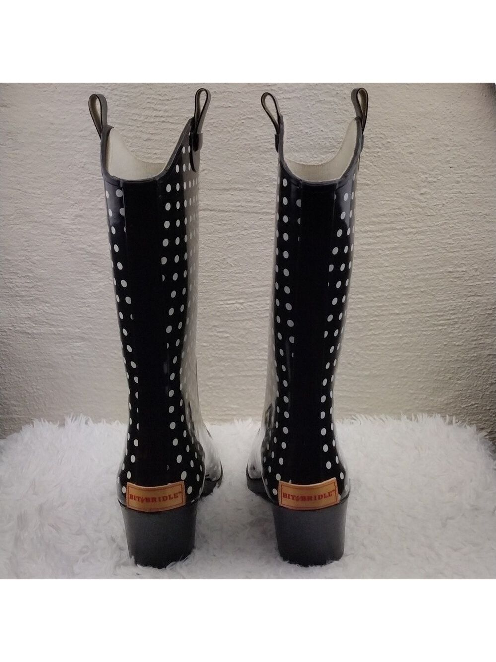 Bit & Bridle Black White Polka Dot Pointed Toe Heeled Western Style Rain Boot - Picture 5 of 16